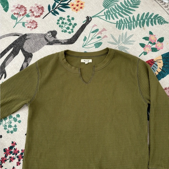 Madewell green split kneck waffle knit long sleeve shirt in medium - Picture 3 of 11